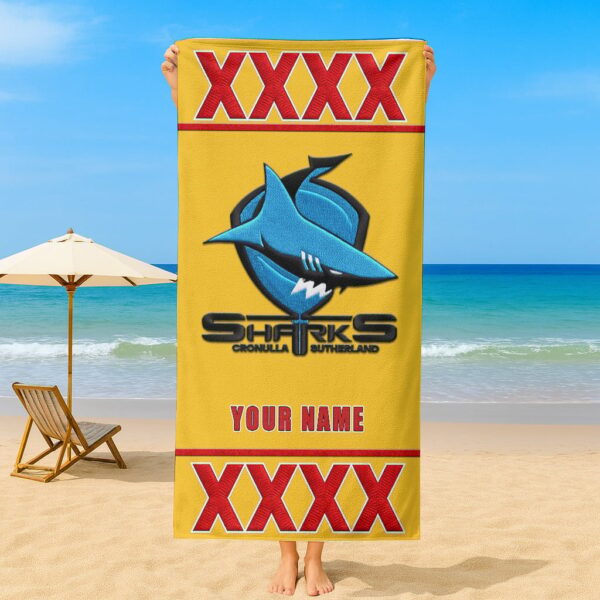 Cronulla Sharks NRL x XXXX Gold Beer Beach Towel Custom Name For Fans - Limited Edition