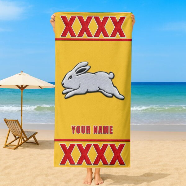 South Sydney Rabbitohs NRL x XXXX Gold Beer Beach Towel Custom Name For Fans - Limited Edition