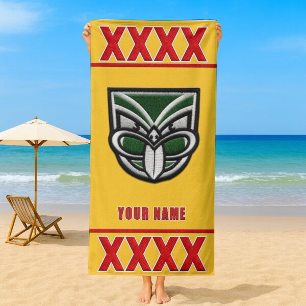 New Zealand Warriors NRL x XXXX Gold Beer Beach Towel Custom Name For Fans - Limited Edition