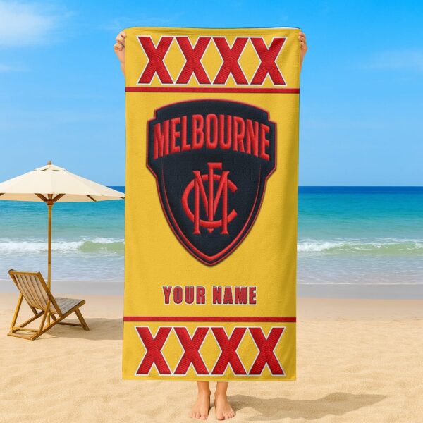 Melbourne Demons AFL x XXXX Gold Beer Beach Towel Custom Name For Fans - Limited Edition