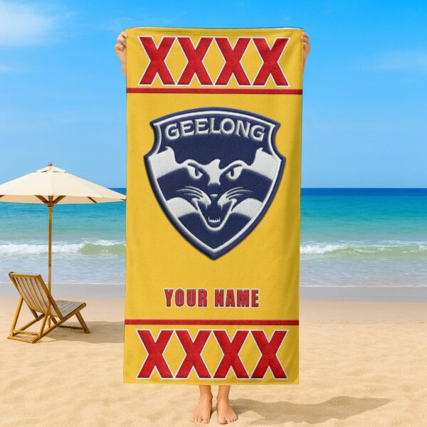 Geelong Cats AFL x XXXX Gold Beer Beach Towel Custom Name For Fans - Limited Edition