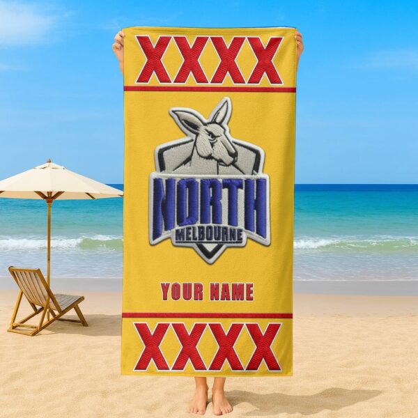 North Melbourne Kangaroos AFL x XXXX Gold Beer Beach Towel Custom Name For Fans - Limited Edition