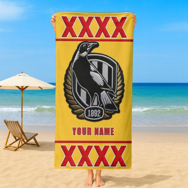 Collingwood Magpies AFL x XXXX Gold Beer Beach Towel Custom Name For Fans - Limited Edition