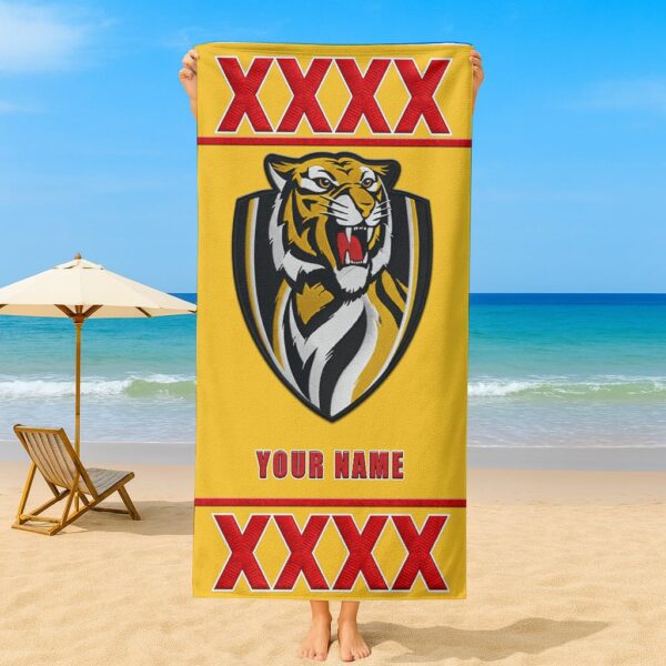 Richmond Tigers AFL x XXXX Gold Beer Beach Towel Custom Name For Fans - Limited Edition