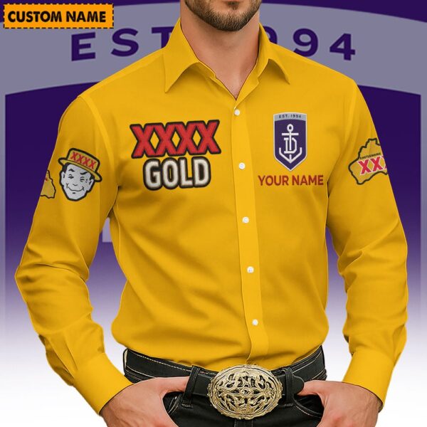 Fremantle Dockers AFL x XXXX Gold Men's Long-Sleeve Button Shirt Custom Name Gifts For Fans - Limited Edition