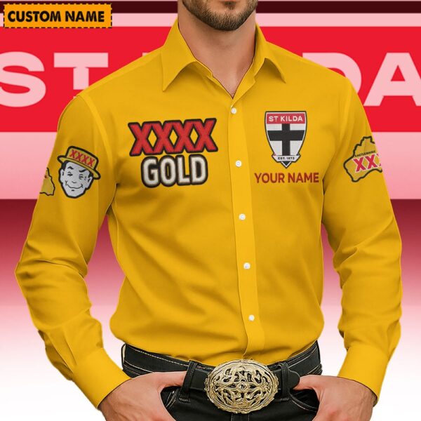 St Kilda Saints AFL x XXXX Gold Men's Long-Sleeve Button Shirt Custom Name Gifts For Fans - Limited Edition