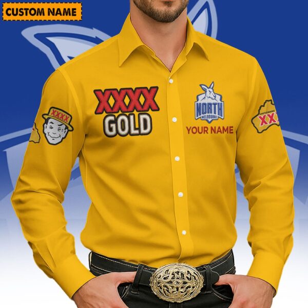 North Melbourne Kangaroos AFL x XXXX Gold Men's Long-Sleeve Button Shirt Custom Name Gifts For Fans - Limited Edition
