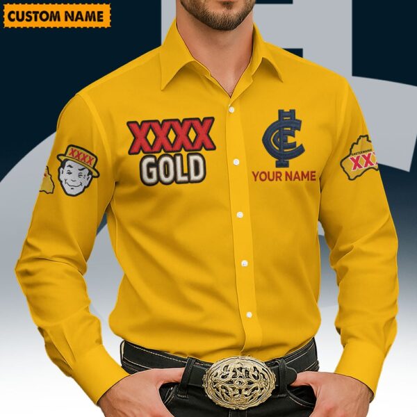 Carlton Blues AFL x XXXX Gold Men's Long-Sleeve Button Shirt Custom Name Gifts For Fans - Limited Edition