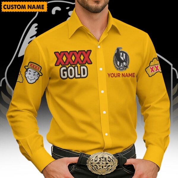 Collingwood Magpies AFL x XXXX Gold Men's Long-Sleeve Button Shirt Custom Name Gifts For Fans - Limited Edition