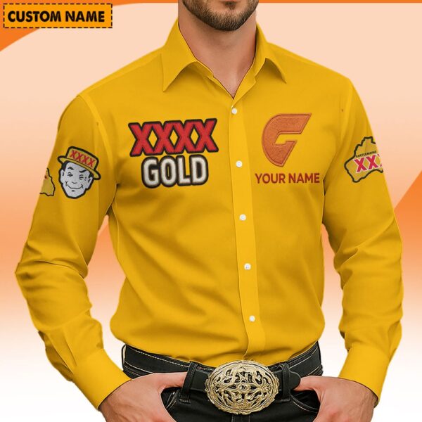 GWS Giants AFL x XXXX Gold Men's Long-Sleeve Button Shirt Custom Name Gifts For Fans - Limited Edition