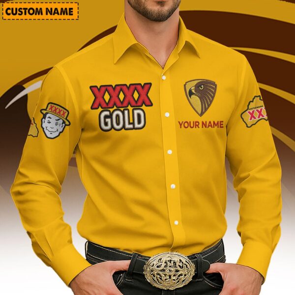 Hawthorn Hawks AFL x XXXX Gold Men's Long-Sleeve Button Shirt Custom Name Gifts For Fans - Limited Edition