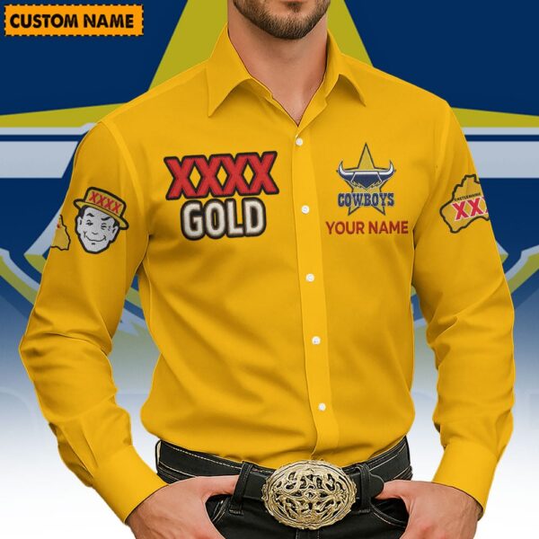 North QLD Cowboys NRL x XXXX Gold Men's Long-Sleeve Button Shirt Custom Name Gifts For Fans - Limited Edition