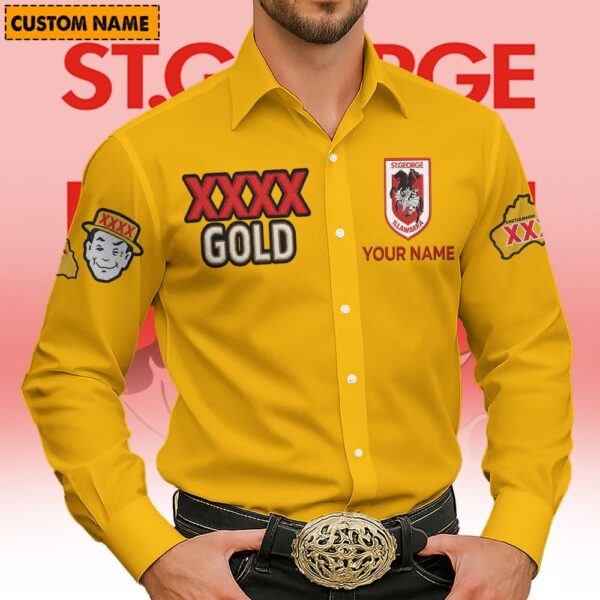 St. George Dragons NRL x XXXX Gold Men's Long-Sleeve Button Shirt Custom Name Gifts For Fans - Limited Edition