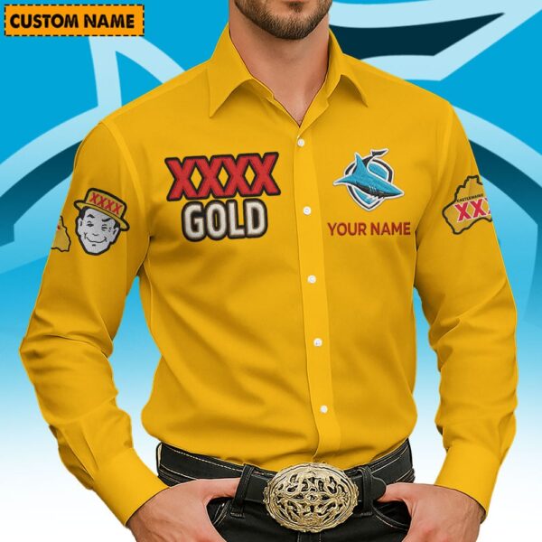 Cronulla Sharks NRL x XXXX Gold Men's Long-Sleeve Button Shirt Custom Name Gifts For Fans - Limited Edition