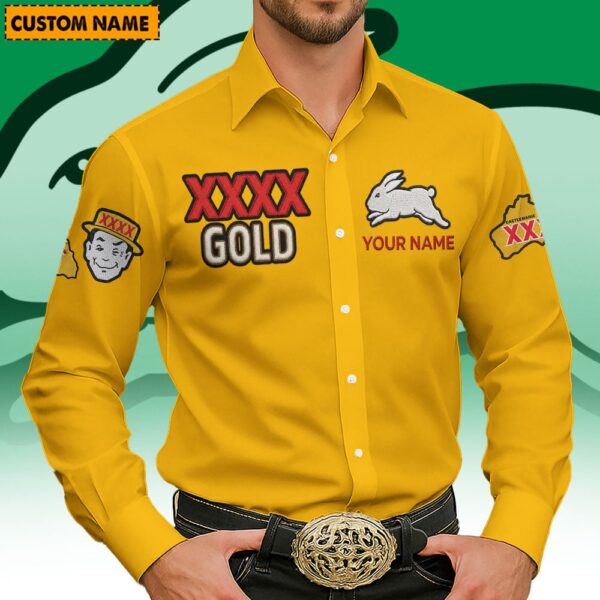 South Sydney Rabbitohs NRL x XXXX Gold Men's Long-Sleeve Button Shirt Custom Name Gifts For Fans - Limited Edition