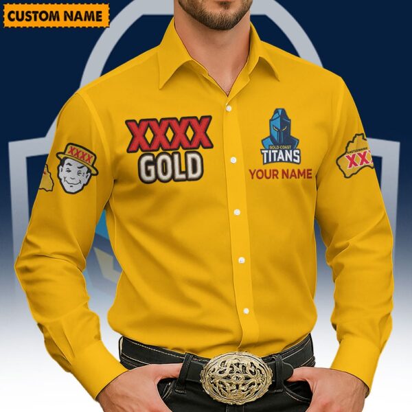 Gold Coast Titans NRL x XXXX Gold Men's Long-Sleeve Button Shirt Custom Name Gifts For Fans - Limited Edition