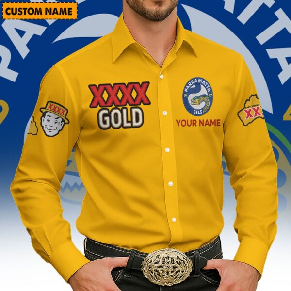 Parramatta Eels NRL x XXXX Gold Men's Long-Sleeve Button Shirt Custom Name Gifts For Fans - Limited Edition