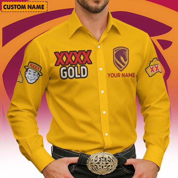 Brisbane Broncos NRL x XXXX Gold Men's Long-Sleeve Button Shirt Custom Name Gifts For Fans - Limited Edition