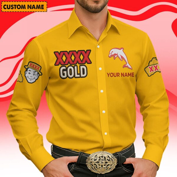 The Dolphins NRL x XXXX Gold Men's Long-Sleeve Button Shirt Custom Name Gifts For Fans - Limited Edition