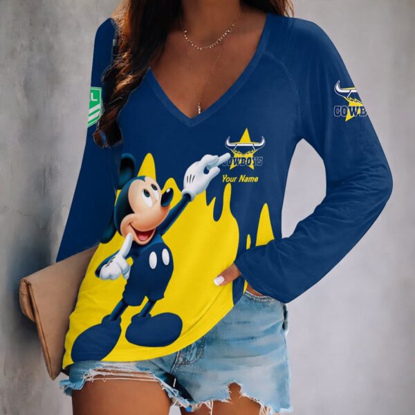 North QLD Cowboys NRL x Mickey Mouse Women's V-Neck Long-Sleeved Shirt Custom Name Gifts For Fans - Limited Edition