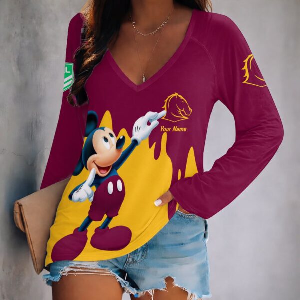Brisbane Broncos NRL x Mickey Mouse Women's V-Neck Long-Sleeved Shirt Custom Name Gifts For Fans - Limited Edition