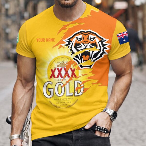 Wests Tigers NRL x XXXX Gold Beer Custom Name T Shirt Gift For Fans - Limited Edition