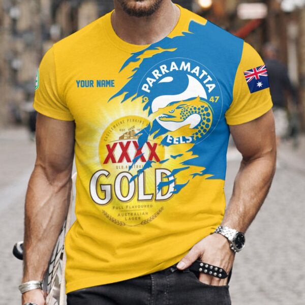 Parramatta Eels NRL x XXXX Gold Beer Custom Name T Shirt Gift For Fans - Limited Edition