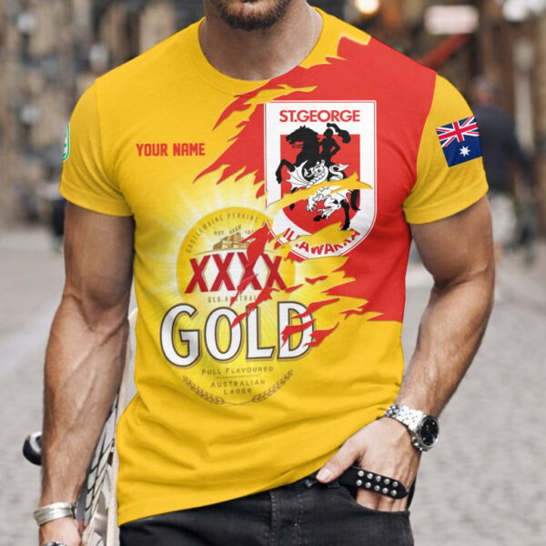St. George Dragons NRL x XXXX Gold Beer Custom Name T Shirt Gift For Fans - Limited Edition
