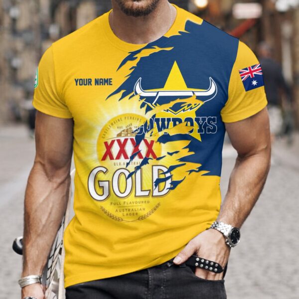 North QLD Cowboys NRL x XXXX Gold Beer Custom Name T Shirt Gift For Fans - Limited Edition