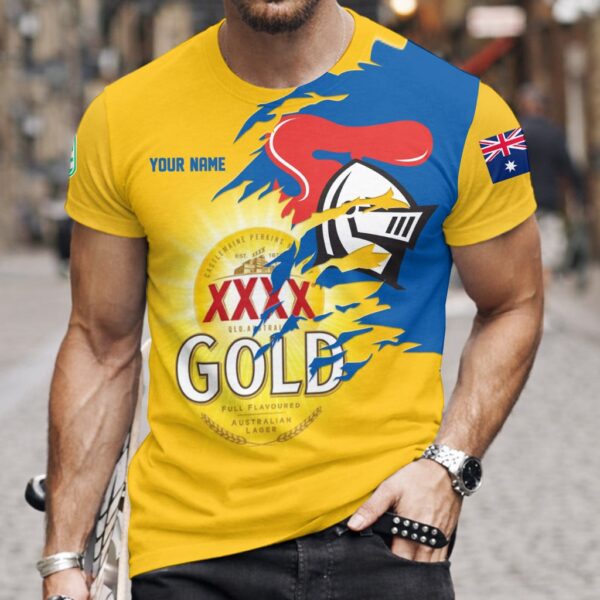 Newcastle Knights NRL x XXXX Gold Beer Custom Name T Shirt Gift For Fans - Limited Edition