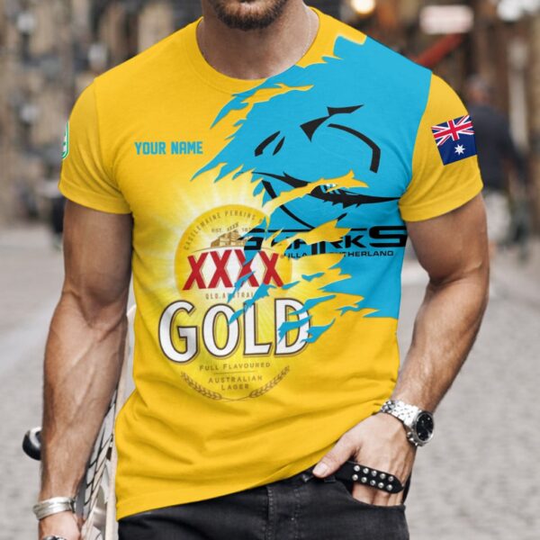 Cronulla Sharks NRL x XXXX Gold Beer Custom Name T Shirt Gift For Fans - Limited Edition