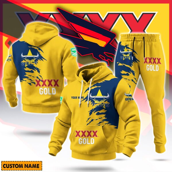 North QLD Cowboys NRL x XXXX Gold Beer Hoodie Set Custom Name Gift For Fan - Limited Edition