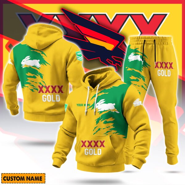 South Sydney Rabbitohs NRL x XXXX Gold Beer Hoodie Set Custom Name Gift For Fan - Limited Edition