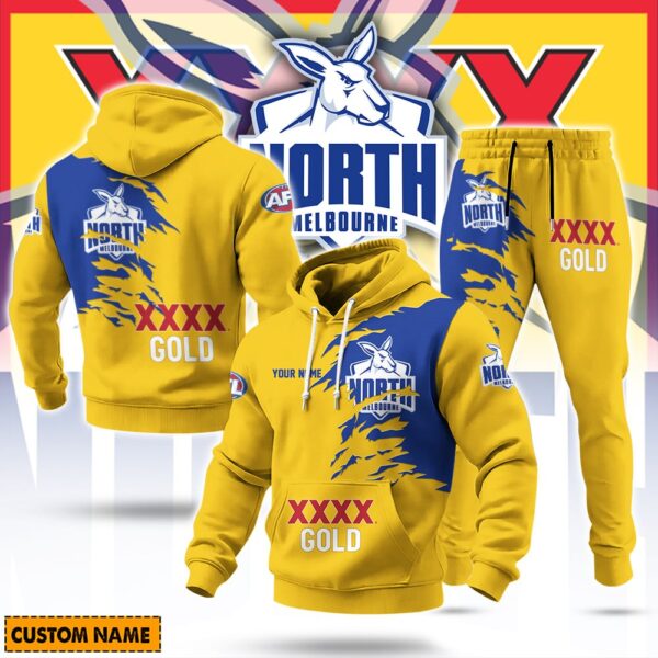 North Melbourne Kangaroos AFL x XXXX Gold Beer Hoodie Set Custom Name Gift For Fan - Limited Edition