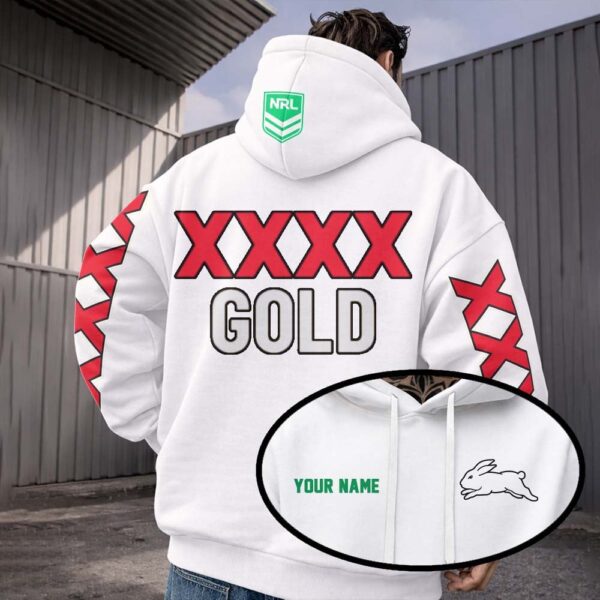 South Sydney Rabbitohs NRL x XXXX Gold White Hoodie Custom Name Gifts For Fan - Limited Edition