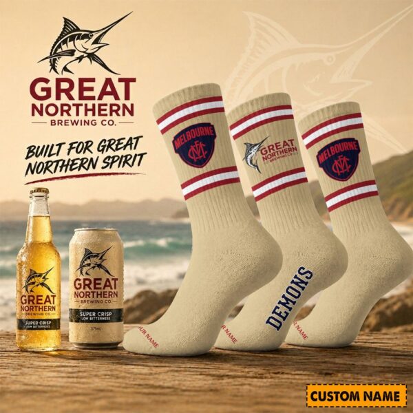Melbourne Demons AFL x Great Northern Beer Crew Socks Custom Any Name Gifts For Fan - Limited Edition