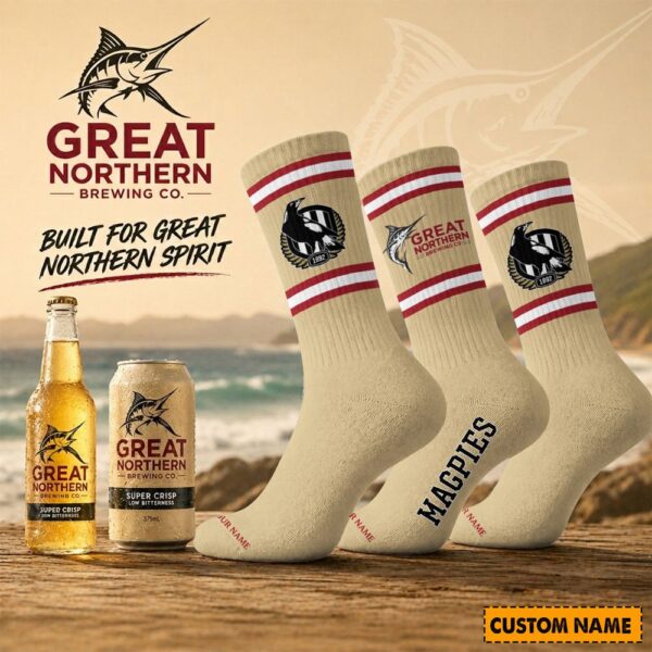 Collingwood Magpies AFL x Great Northern Beer Crew Socks Custom Any Name Gifts For Fan - Limited Edition