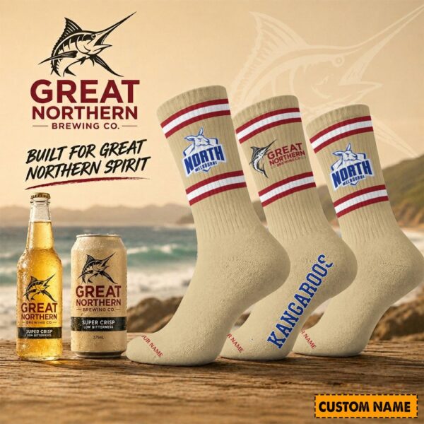 North Melbourne Kangaroos AFL x Great Northern Beer Crew Socks Custom Any Name Gifts For Fan - Limited Edition