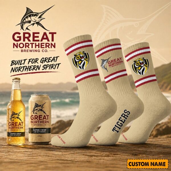 Richmond Tigers AFL x Great Northern Beer Crew Socks Custom Any Name Gifts For Fan - Limited Edition