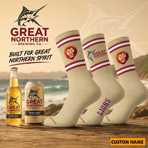 Brisbane Lions AFL x Great Northern Beer Crew Socks Custom Any Name Gifts For Fan - Limited Edition