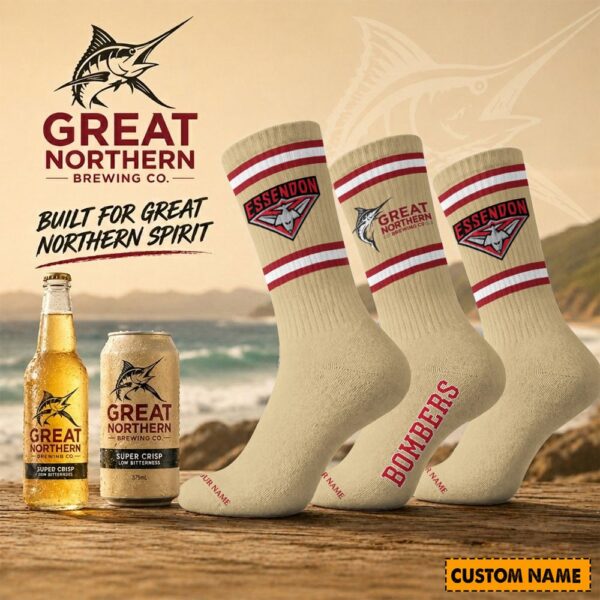 Essendon Bombers AFL x Great Northern Beer Crew Socks Custom Any Name Gifts For Fan - Limited Edition
