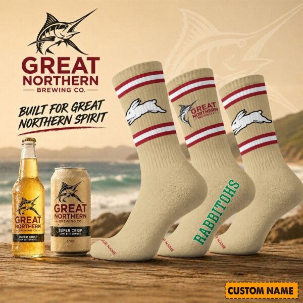 South Sydney Rabbitohs NRL x Great Northern Beer Crew Socks Custom Any Name Gifts For Fan - Limited Edition