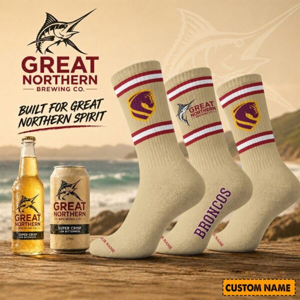 Brisbane Broncos NRL x Great Northern Beer Crew Socks Custom Any Name Gifts For Fan - Limited Edition