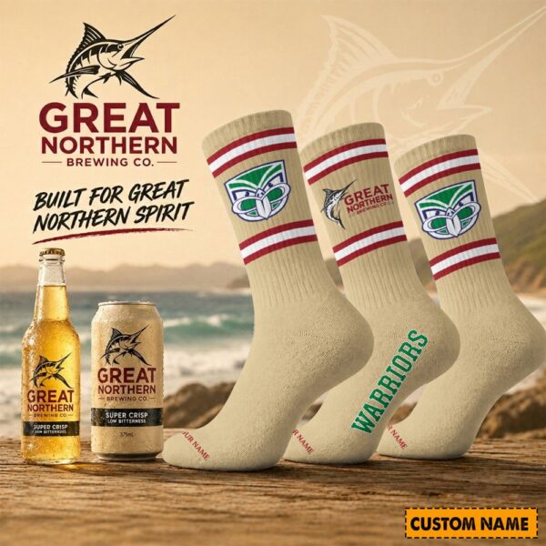 New Zealand Warriors NRL x Great Northern Beer Crew Socks Custom Any Name Gifts For Fan - Limited Edition