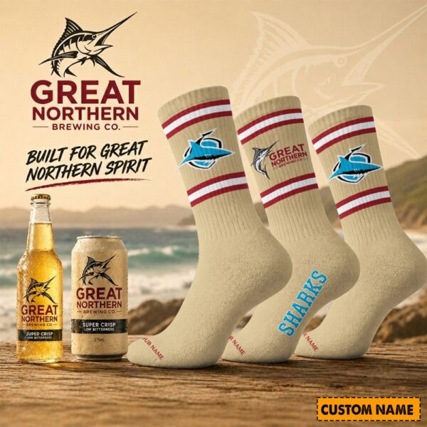 Cronulla Sharks NRL x Great Northern Beer Crew Socks Custom Any Name Gifts For Fan - Limited Edition