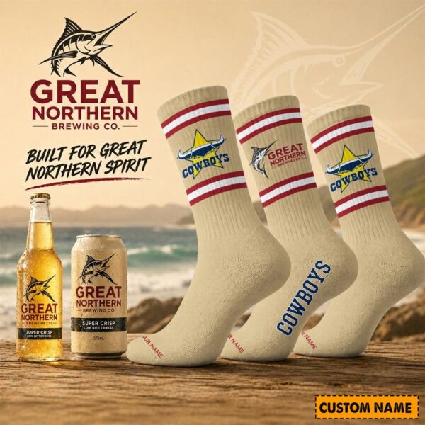 North QLD Cowboys NRL x Great Northern Beer Crew Socks Custom Any Name Gifts For Fan - Limited Edition