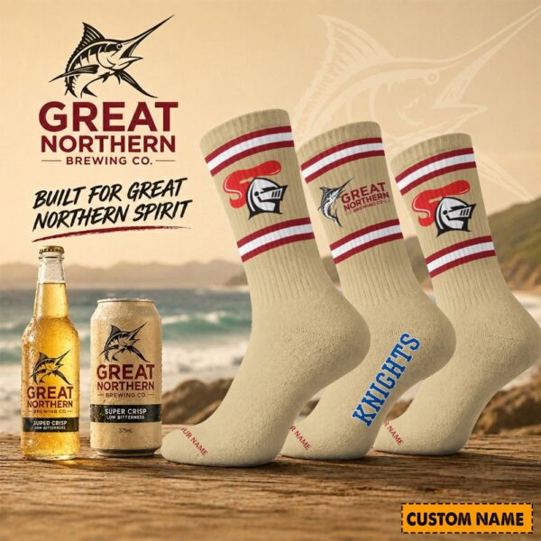 Newcastle Knights NRL x Great Northern Beer Crew Socks Custom Any Name Gifts For Fan - Limited Edition
