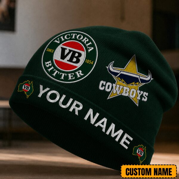 North QLD Cowboys NRL x Victoria Bitter Beer Beanie Hat Custom Name Gifts For Fan - Limited Edition